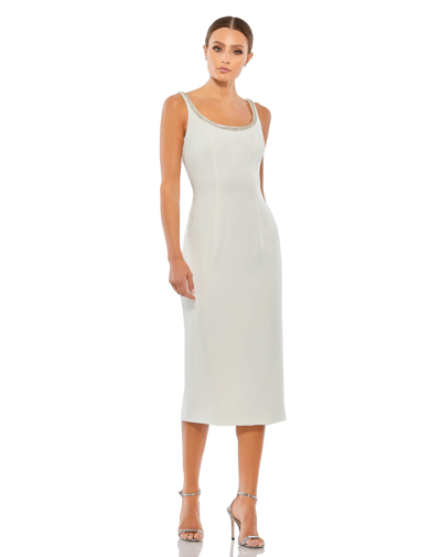 Shop Mac Duggal Jeweled Scoop Neck Fitted Midi Dress In Ivory