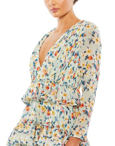 Mac Duggal Floral Printed Tiered Ruffle Long Sleeve Gown In Multi