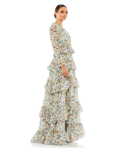 Mac Duggal Floral Printed Tiered Ruffle Long Sleeve Gown In Multi