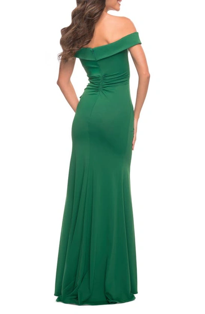 Shop La Femme Off The Shoulder Gown In Emerald