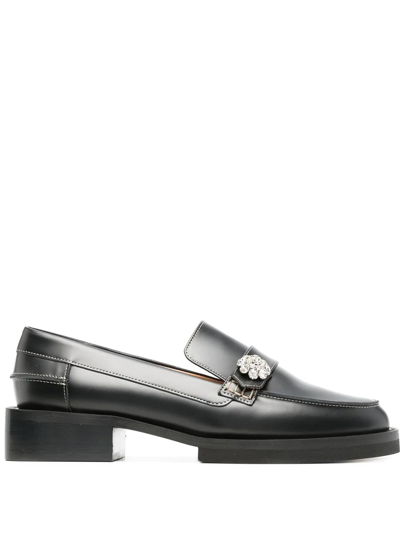 Shop Ganni Crystal-button Leather Loafers In 099 - Black