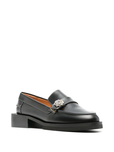 Shop Ganni Crystal-button Leather Loafers In 099 - Black