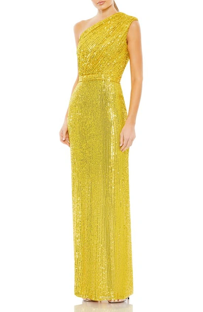 Shop Mac Duggal Sequin One-shoulder Column Gown In Yellow
