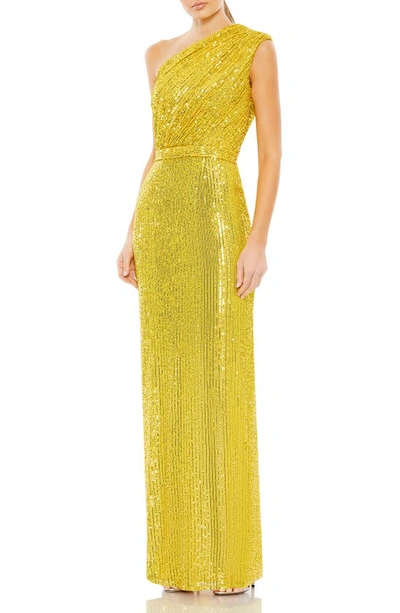 Mac Duggal Sequined Ruched One Shoulder Gown In Yellow