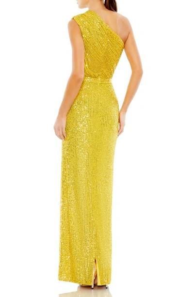 Mac Duggal Sequined Ruched One Shoulder Gown In Yellow
