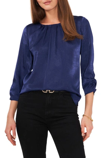 Shop Vince Camuto Pleat Neck Sueded Satin Blouse In Classic Navy