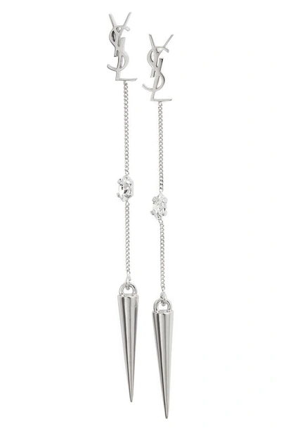 Shop Saint Laurent Ysl Pendulum Drop Earrings In Palladium/ Crystal