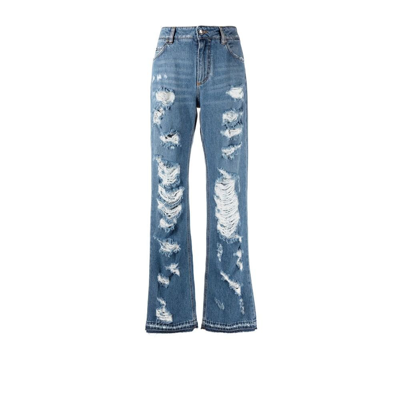 Shop Dolce & Gabbana Blue Distressed Wide-leg Jeans