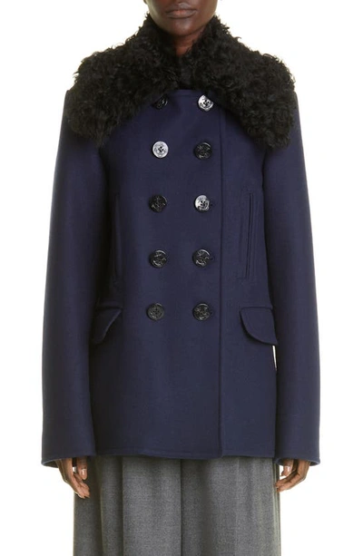 Shop Altuzarra Mimir Wool Blend Pea Coat With Genuine Shearling Collar In Berry Blue