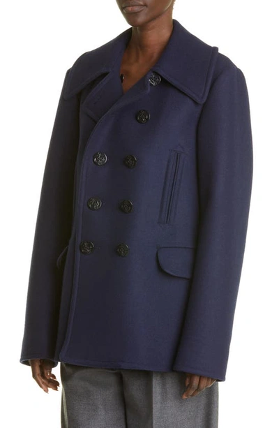 Shop Altuzarra Mimir Wool Blend Pea Coat With Genuine Shearling Collar In Berry Blue