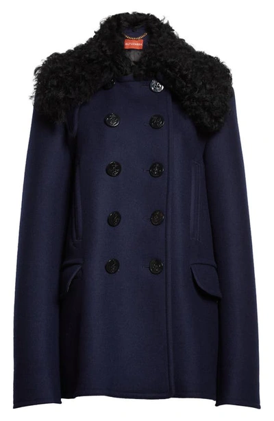 Shop Altuzarra Mimir Wool Blend Pea Coat With Genuine Shearling Collar In Berry Blue