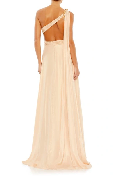Shop Mac Duggal One-shoulder Open Back Gown In Gold Nude