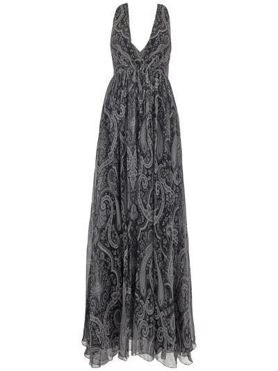Etro Long Dress In Black Silk Chiffon With Paisley Print In Black