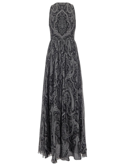 Etro Long Dress In Black Silk Chiffon With Paisley Print In Black