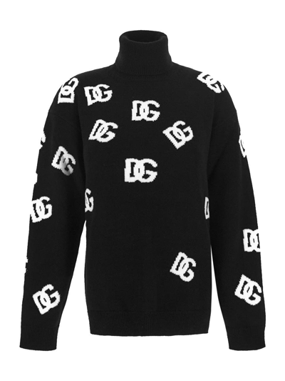 Dolce & Gabbana Dg Virgin Wool Turtleneck Sweater In Black
