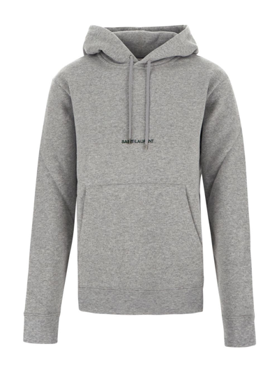 Shop Saint Laurent Embroidered Logo Hoodie In Grey