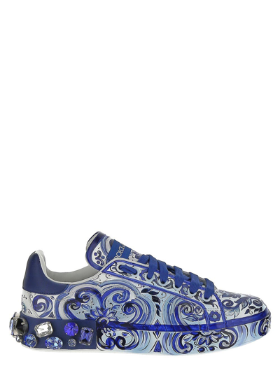 Shop Dolce & Gabbana Majolica-print Calfskin Portofino Sneakers In Multicolor