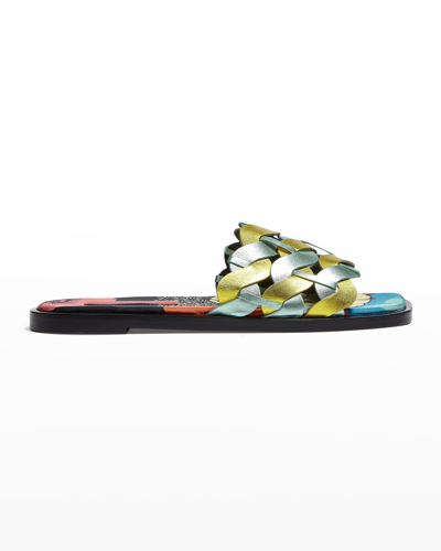 Shop La Doublej Metallic Bicolor Woven Flat Sandals In Ice Poppy