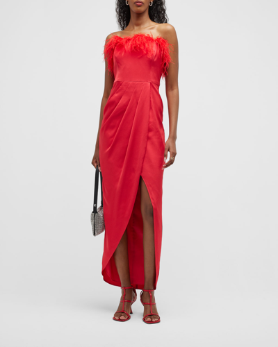 Shop Aidan Mattox Strapless High-low Gown W/ Feathers In Hot Tomato