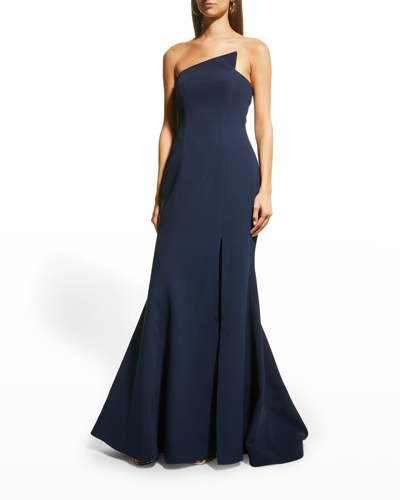 Shop Romona Keveza Structural Strapless Side-slit Silk Crepe Gown In Midnight Blue