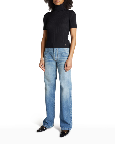 Shop Saint Laurent Rib Short-sleeve Silk Turtleneck Sweater In Nero