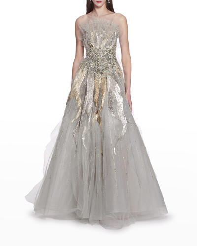Shop Marchesa Crystal Beaded Sun Ray Tulle Ball Gown In Light Mint