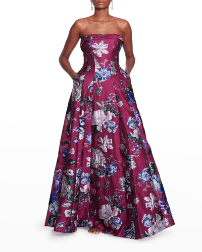 Shop Marchesa Notte Multicolor Floral Strapless Gown W/ Pockets In Fuchsia