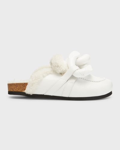 Shop Jw Anderson Shearling Leather Chain Loafer Mules In White
