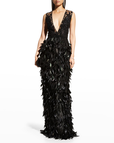 Shop Naeem Khan Plunging Feather Column Gown In Black