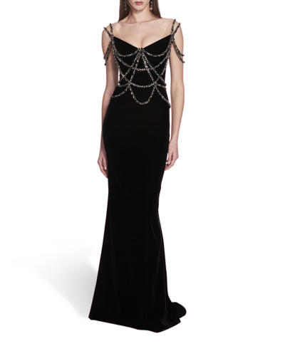 Shop Marchesa Crystal Encrusted Chain Velvet Mermaid Gown In Black