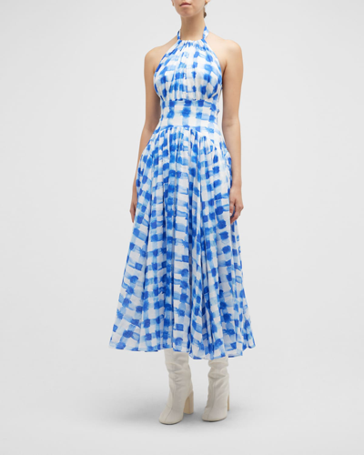 Shop Rosie Assoulin In The Name Of Love Check-print Halter Midi Dress In Blue