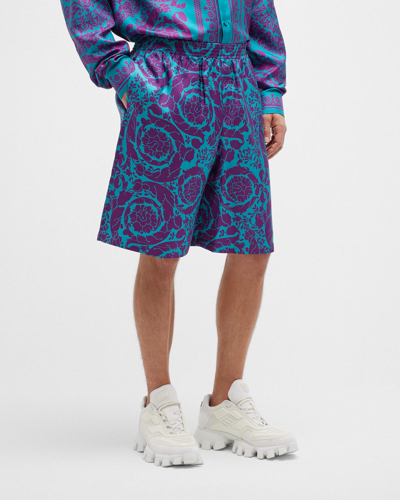 Shop Versace Men's Barocco Silk Shorts In Tealplum