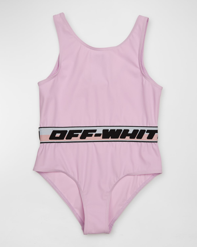 Shop Off-white Girl's Logo Band One-piece Swimsuit In Pink Black