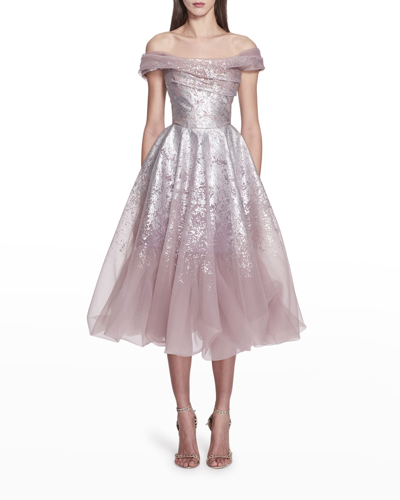 Shop Marchesa Metallic Ombre Print Off-the-shoulder Organza Midi Dress In Lilac