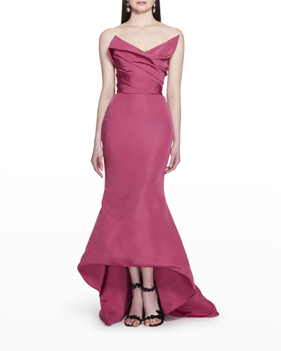Shop Marchesa Strapless Draped High-low Silk Faille Gown In Raspberry