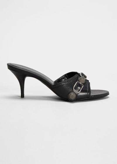 Shop Balenciaga Cagole Lambskin Buckle Slide Sandals In Black Pallad Inv