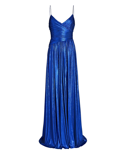 Shop Retroféte Doss Pleated Lamé Gown In Blue-drk
