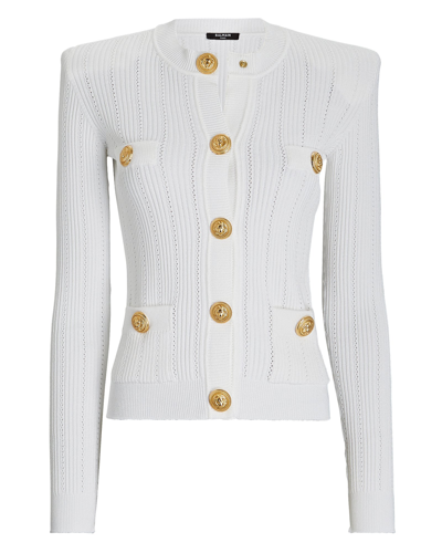Shop Balmain Button-detail Rib Knit Cardigan In White