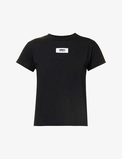 Shop Mm6 Maison Margiela Brand-appliqué Ribbed-trim Cotton T-shirt In Black