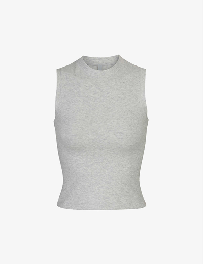 Shop Skims Cotton Jersey Mock-neck Stretch-cotton Top In Light Heather Grey