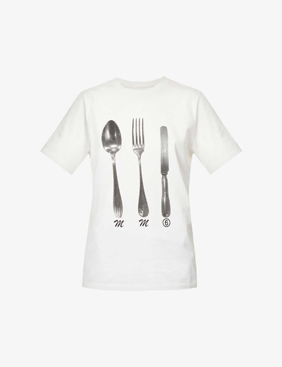Shop Mm6 Maison Margiela Cutlery Graphic-print Relaxed-fit Cotton T-shirt In Off White