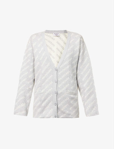 Shop Balenciaga Women's Grey White Logo-pattern Stretch-knit Cardigan