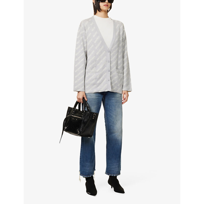 Shop Balenciaga Women's Grey White Logo-pattern Stretch-knit Cardigan