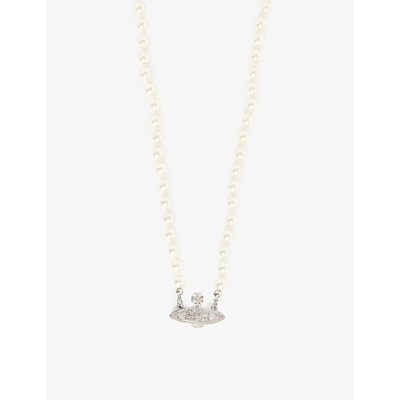 Vivienne Westwood Bas Relief Orb Mini Silver-toned Brass And Pearl Necklace In Platinum/cream/crystal