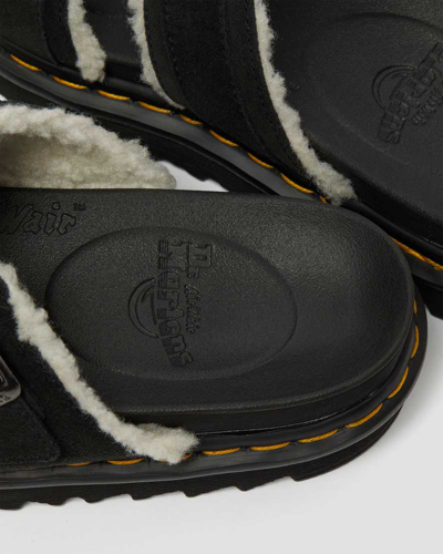 Shop Dr. Martens' Myles Suede Fur-lined Buckle Slide Sandals In Black