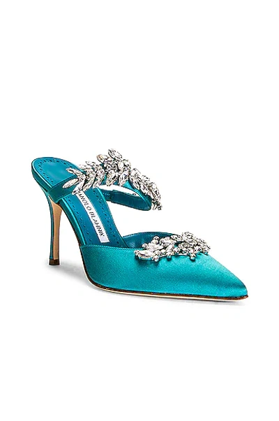 Shop Manolo Blahnik Satin Lurum 90 Mule In Turquoise