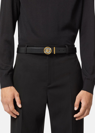 Shop Versace Medusa Biggie Leather Belt 3 Cm In Black+gold