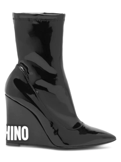 Shop Moschino Women's Faux Patent Leather Wedge Booties In Black