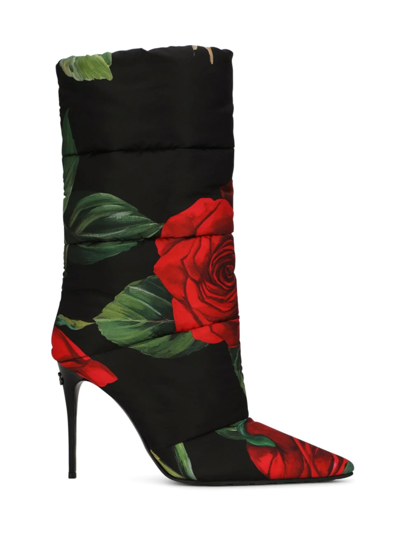 Shop Dolce & Gabbana Women's Rose Print Padded Nylon Boots In Rose Nero