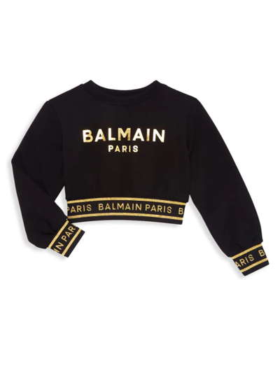 Shop Balmain Girl's Cropped Logo Sweatshirt In Black Gold